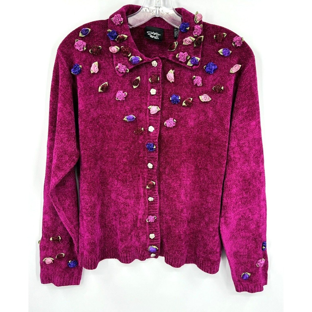 Vintage Christina Rotelli Sweater Womens Size L Chenille Floral Rosette Coquette